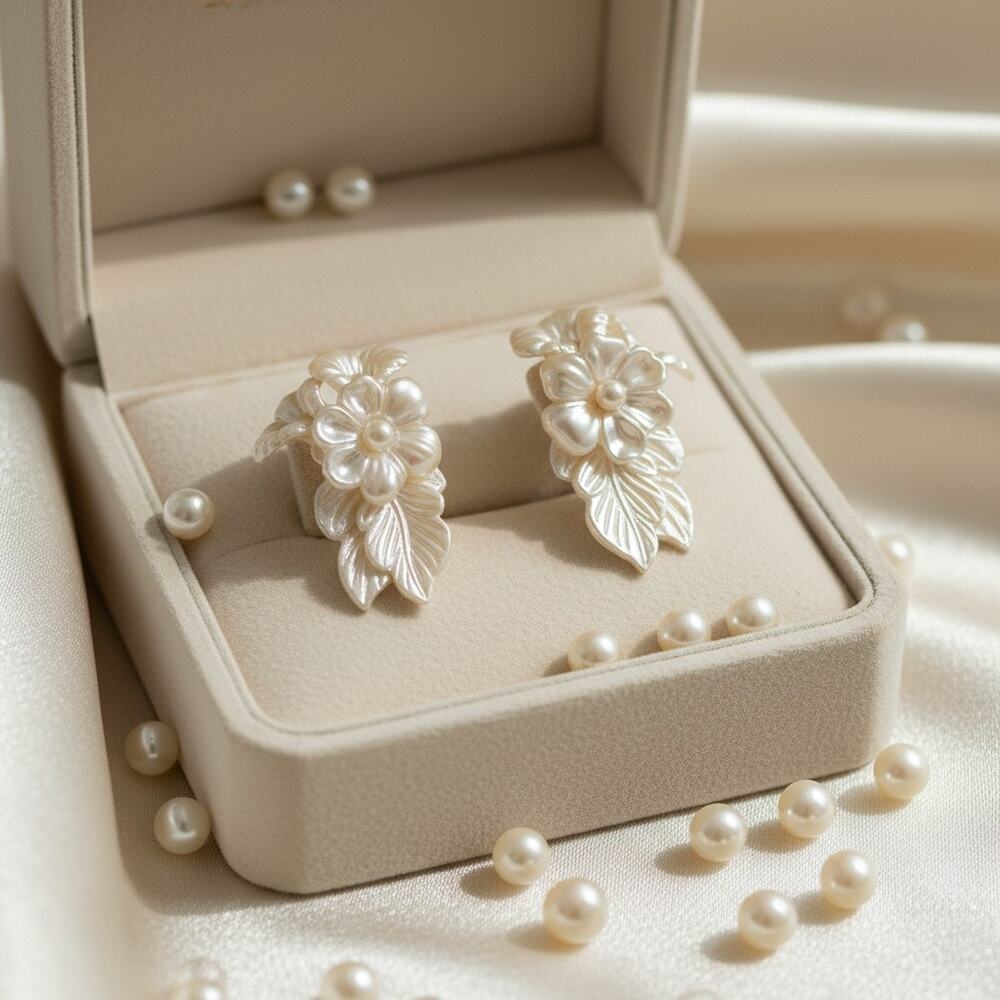 Vintage Faux Pearl Floral Acrylic Post Earrings-Climber Dangle-Bridal-Cottage
